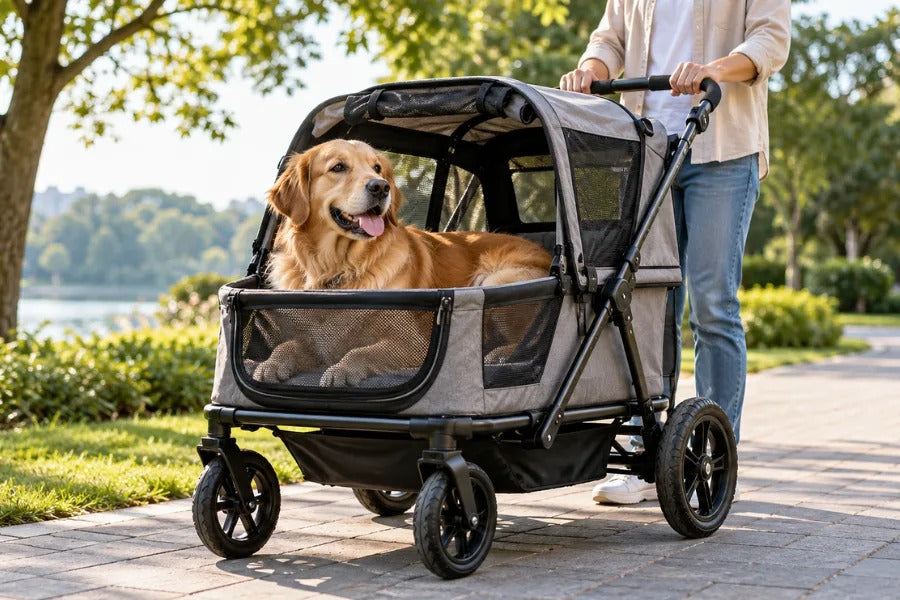 Dog strollers for large dogs with a Golden Retriever resting in a spacious pet stroller