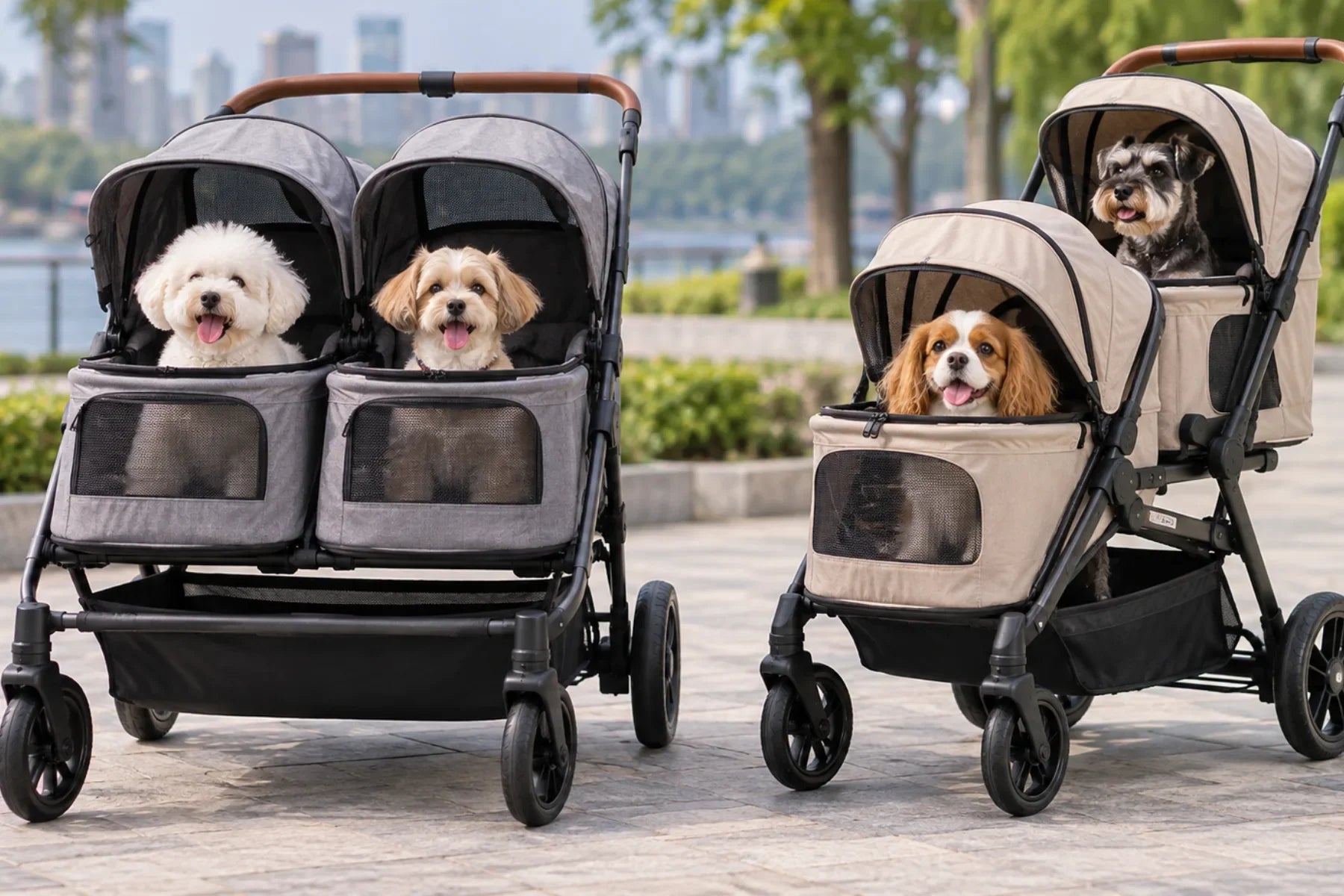 Side-by-side vs. tandem pet strollers showing different cabin layouts for two dogs
