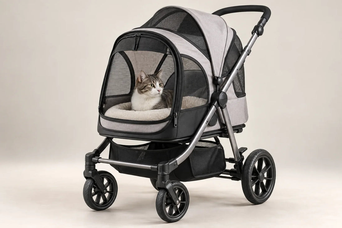Are pet strollers good for cats? A relaxed cat riding in an enclosed pet stroller outdoors